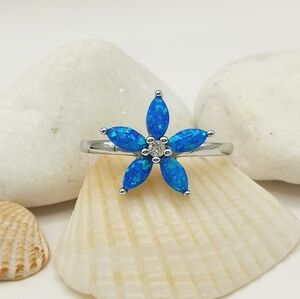 Blue opal CZ Flower Sterling silver ring size 6 🆕
